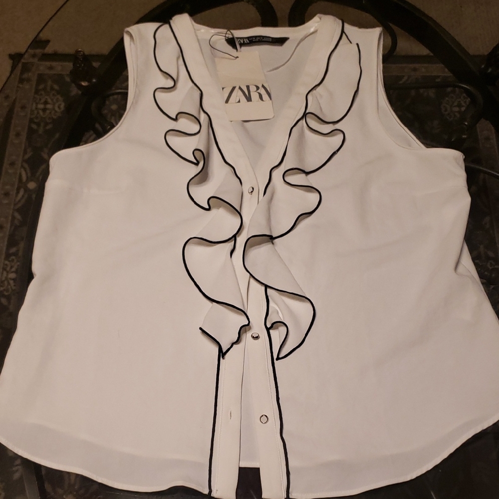 Zara Cream Blouse with Black Ruffle Detail